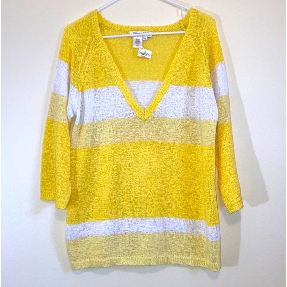 Coldwater Creek Size XL NWT Pullover Vneck Sweater wide stripe yellow colorblock